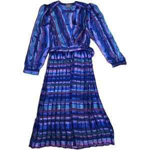 Vintage Lisa Michaels Purple/Blue/Green Sheer Pleated Dress Size 10
